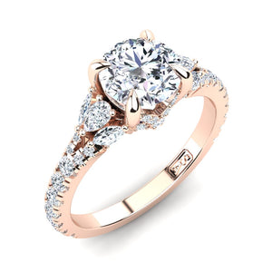 18kt Rose Gold Solitaire with Split Band and Pear Marquise and RBC Accent Stones