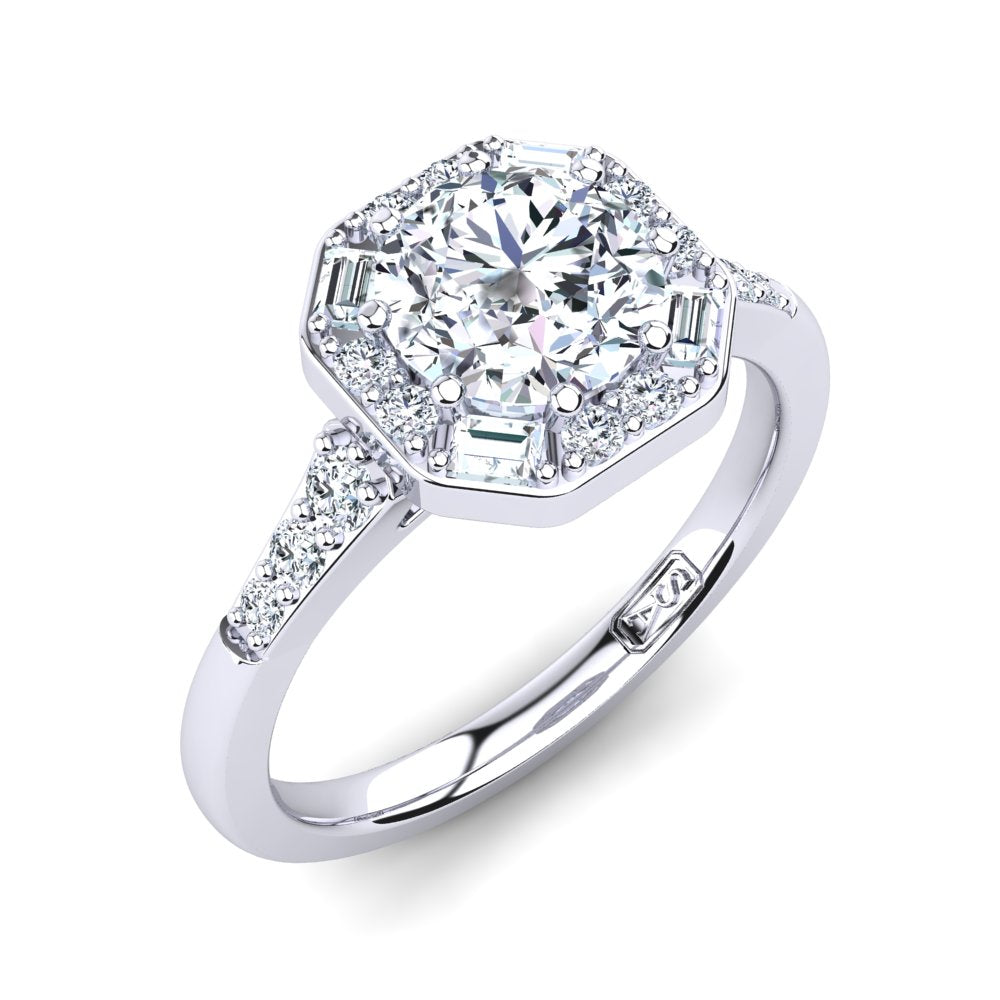 18kt White Gold Solitaire with Vintage Halo and Baguette and RBC Accent Stones