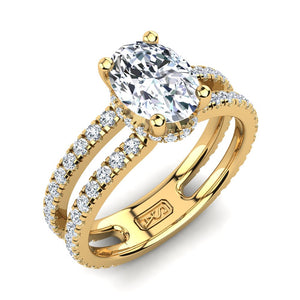 18kt Yellow Gold, Solitaire Hidden Halo Setting, Dual Band with Scallop Setting Accent Stones