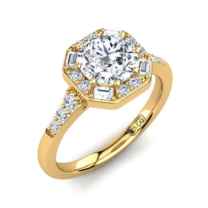 18kt Yellow Gold Solitaire with Vintage Halo and Baguette and RBC Accent Stones