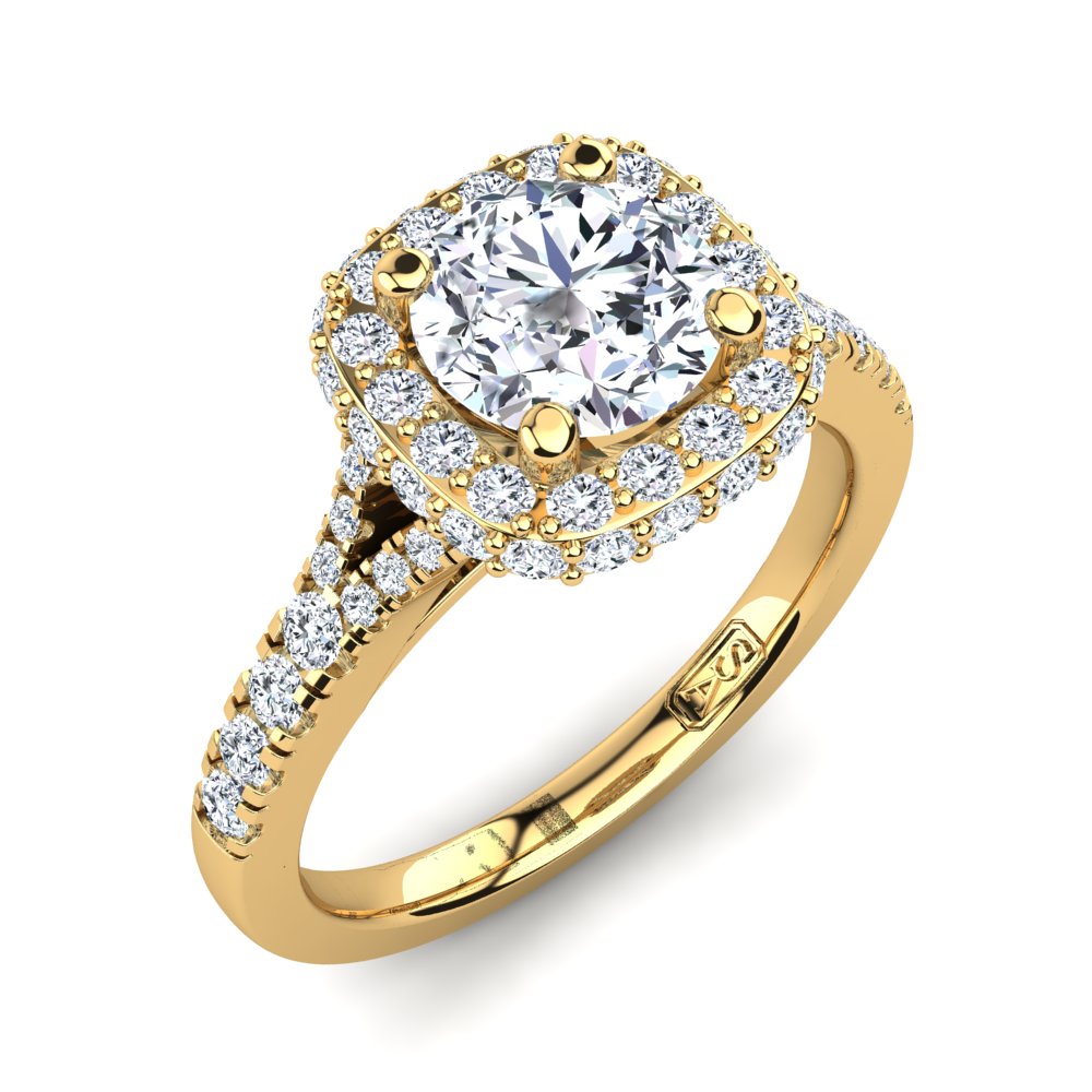 18kt Yellow Gold Solitaire with Double Halo and Accent Diamonds with U Setting