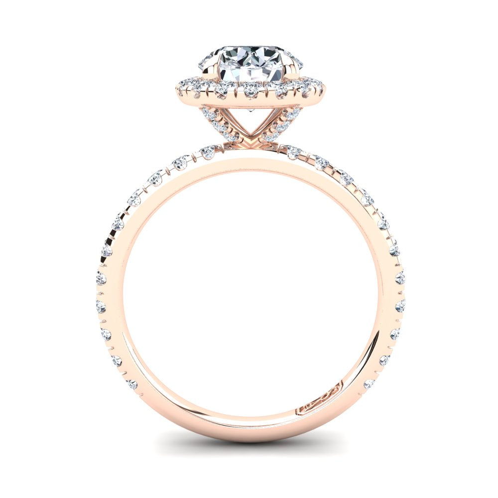 18kt Rose Gold Solitaire 4 Claw Setting with Raised Halo and Accent Stones