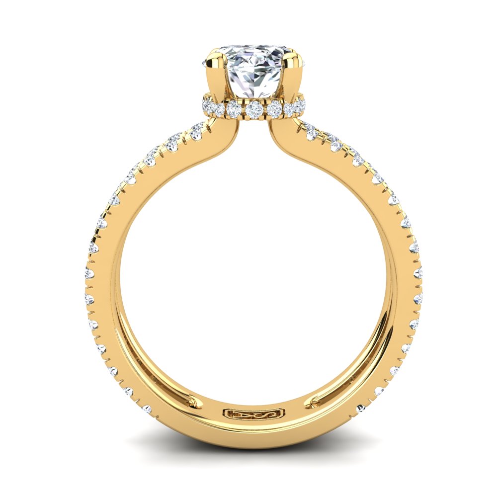 18kt Yellow Gold, Solitaire Hidden Halo Setting, Dual Band with Scallop Setting Accent Stones