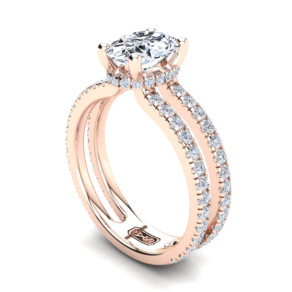 18kt Rose Gold, Solitaire Hidden Halo Setting, Dual Band with Scallop Setting Accent Stones