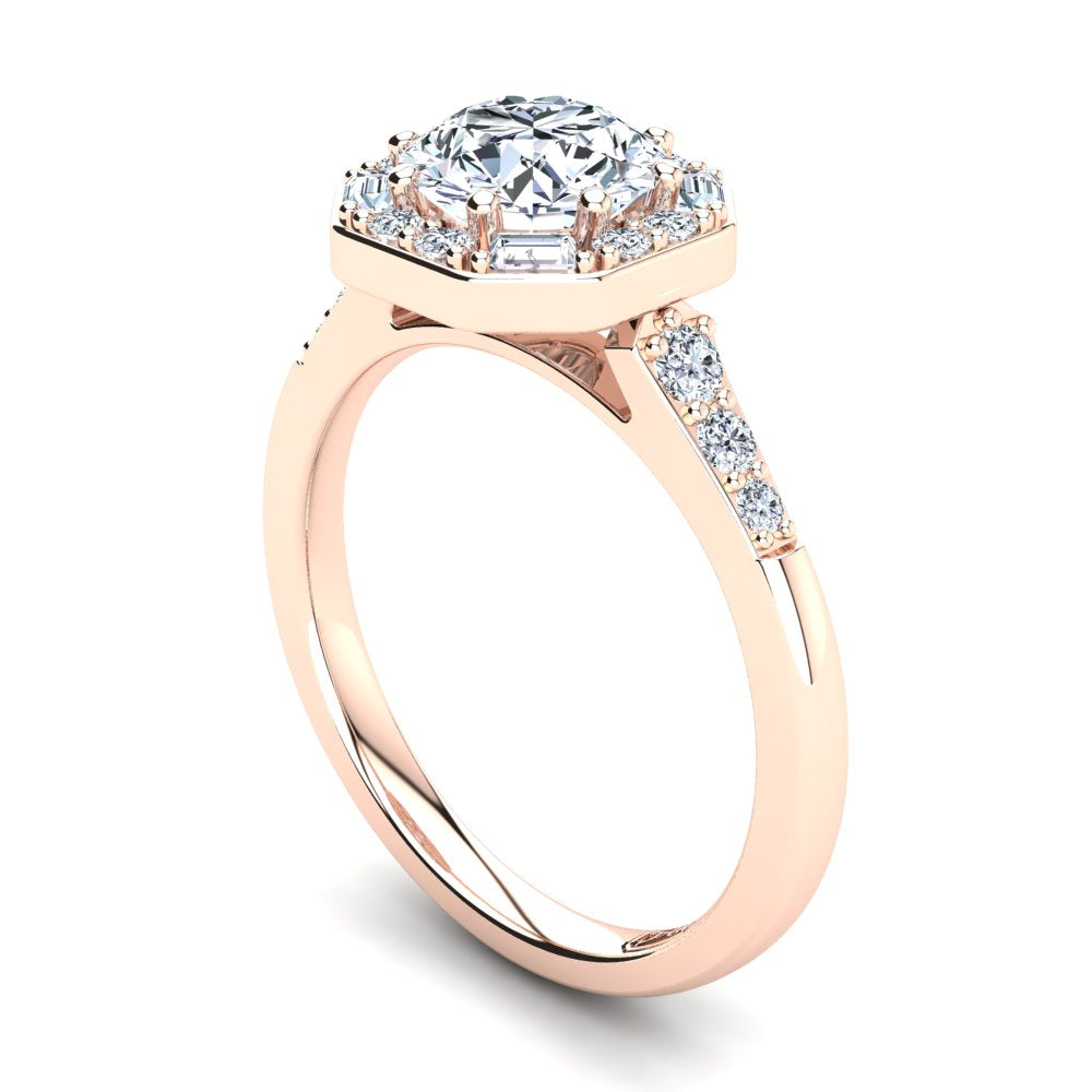 18kt Rose Gold Solitaire with Vintage Halo and Baguette and RBC Accent Stones
