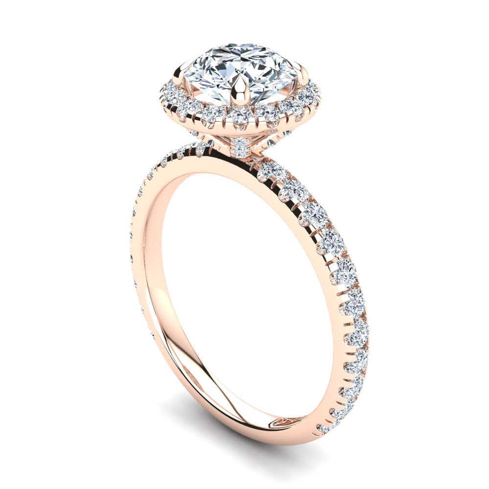 18kt Rose Gold Solitaire 4 Claw Setting with Raised Halo and Accent Stones