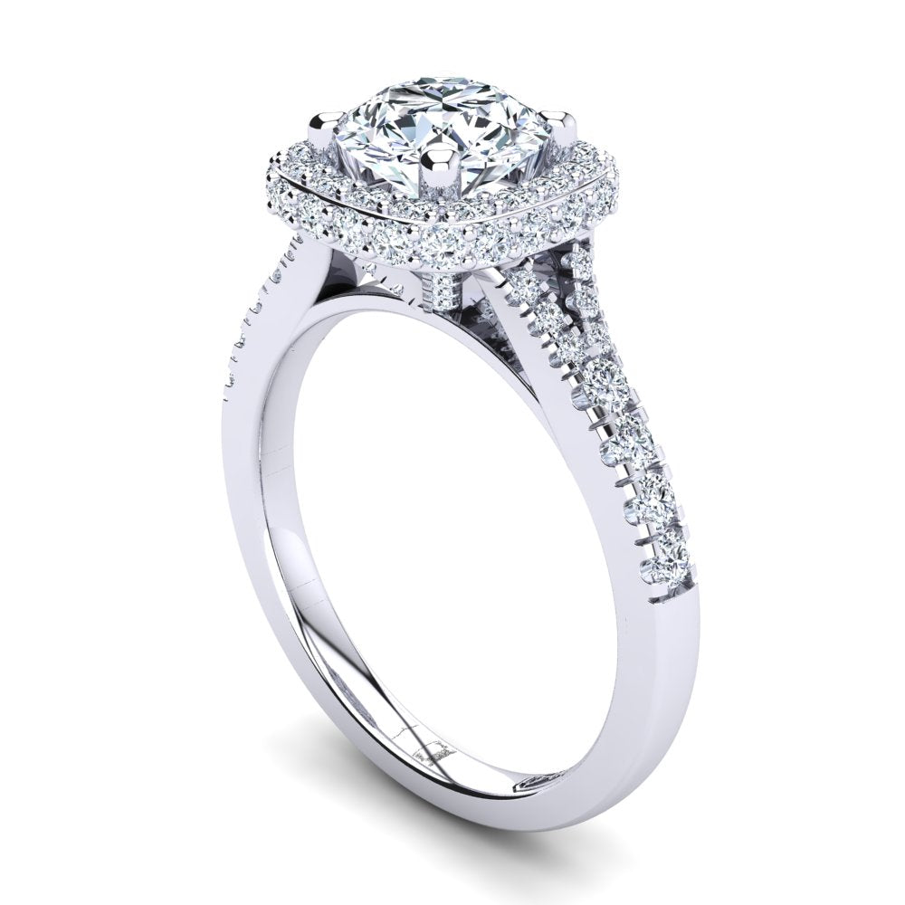 18kt White Gold Solitaire with Double Halo and Accent Diamonds with U Setting