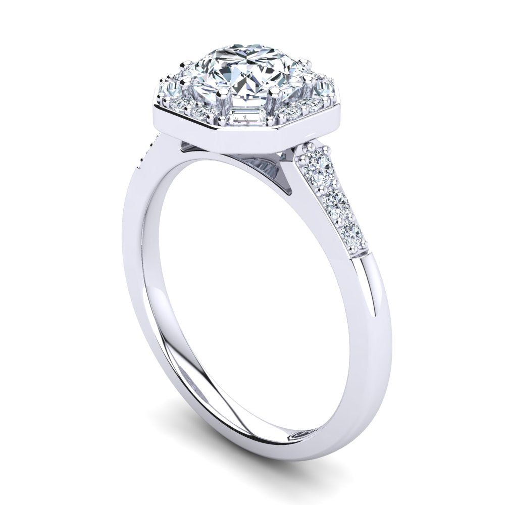 18kt White Gold Solitaire with Vintage Halo and Baguette and RBC Accent Stones