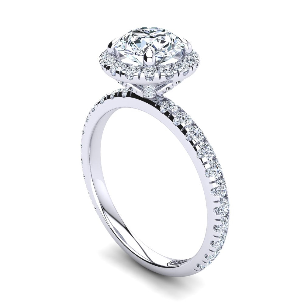 18kt White Gold Solitaire 4 Claw Setting with Raised Halo and Accent Stones