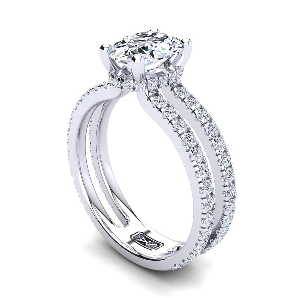 18kt White Gold, Solitaire Hidden Halo Setting, Dual Band with Scallop Setting Accent Stones