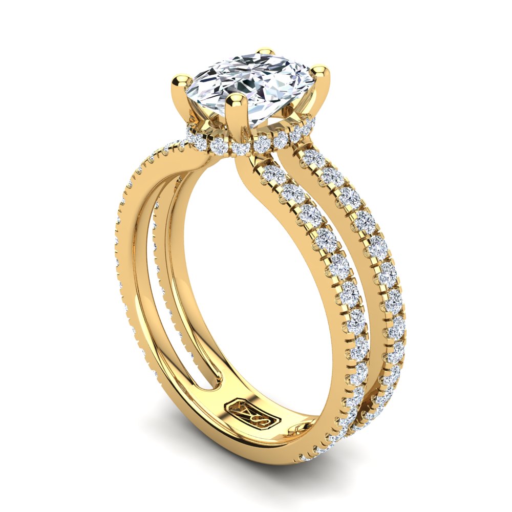 18kt Yellow Gold, Solitaire Hidden Halo Setting, Dual Band with Scallop Setting Accent Stones