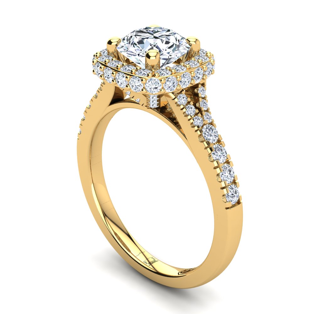 18kt Yellow Gold Solitaire with Double Halo and Accent Diamonds with U Setting