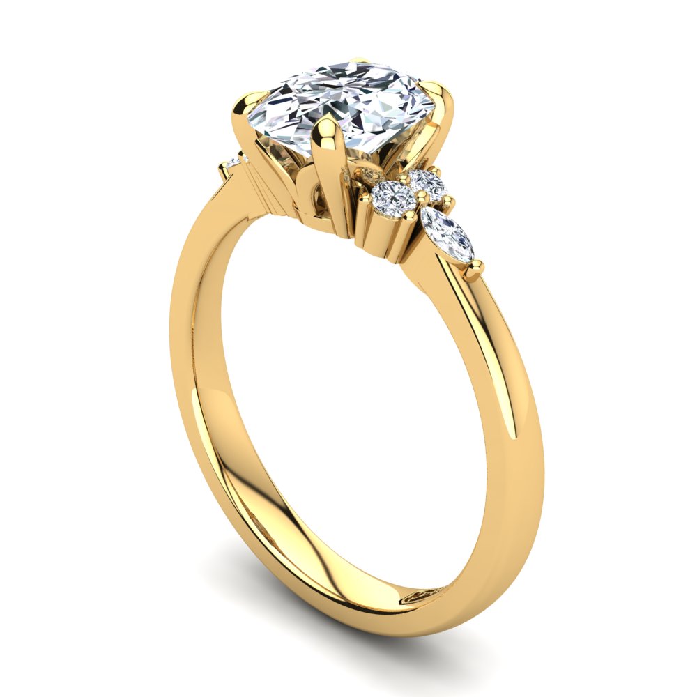 18kt Yellow Gold, 4 Claw Solitaire Filigree Basket Setting with Cluster RBC and Marquise Accent Stones