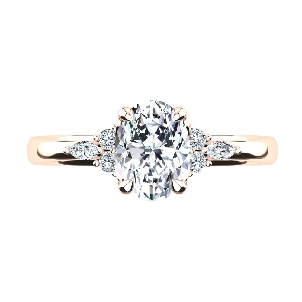 18kt Rose Gold, 4 Claw Solitaire Filigree Basket Setting with Cluster RBC and Marquise Accent Stones