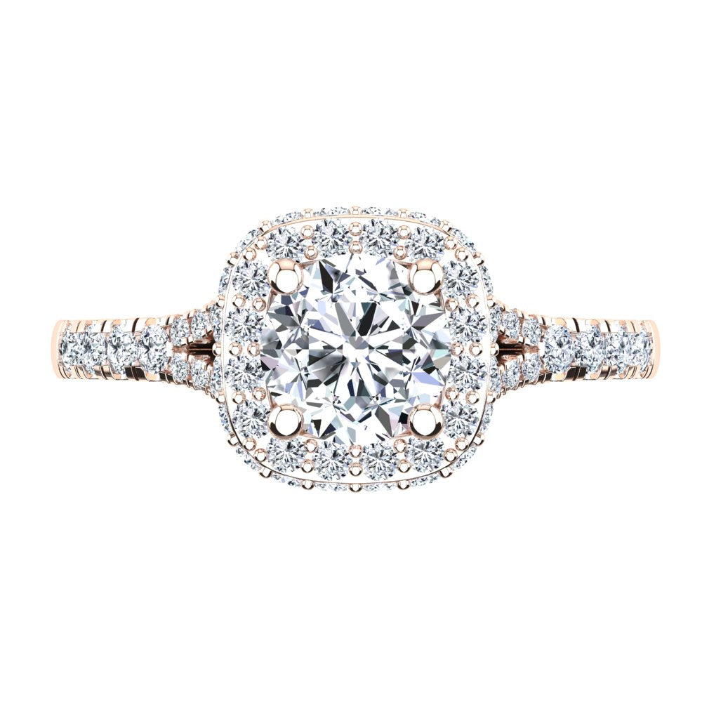 18kt Rose Gold Solitaire with Double Halo and Accent Diamonds with U Setting