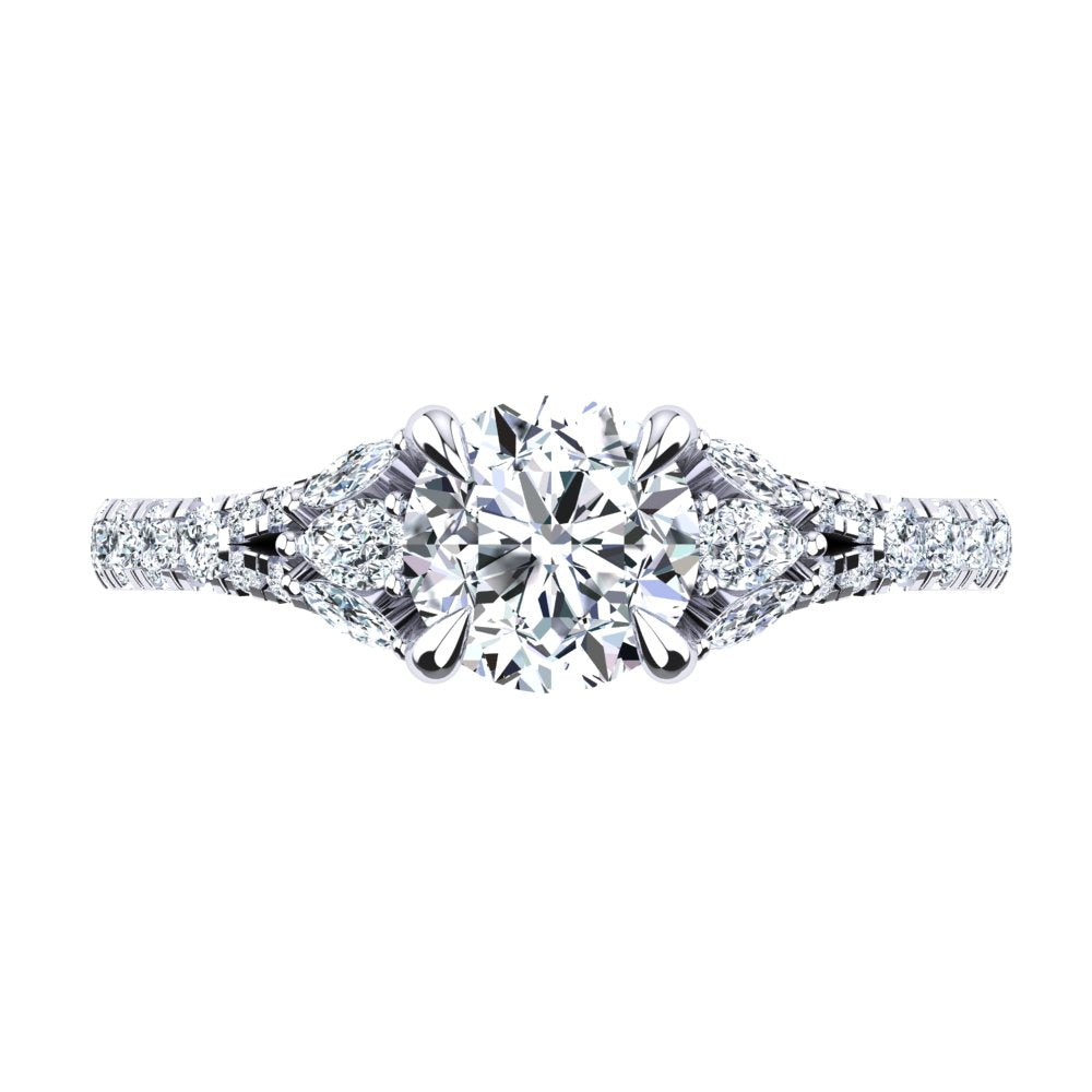 18kt White Gold Solitaire with Split Band and Pear Marquise and RBC Accent Stones