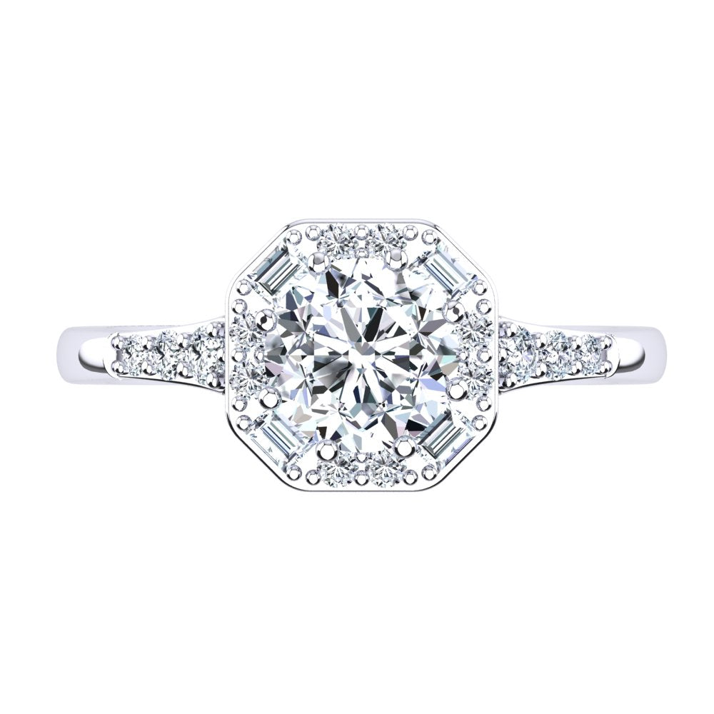 Platinum Solitaire with Vintage Halo and Baguette and RBC Accent Stones