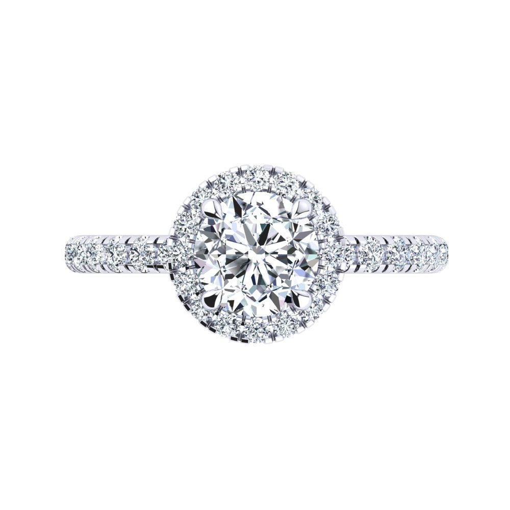 18kt White Gold Solitaire 4 Claw Setting with Raised Halo and Accent Stones