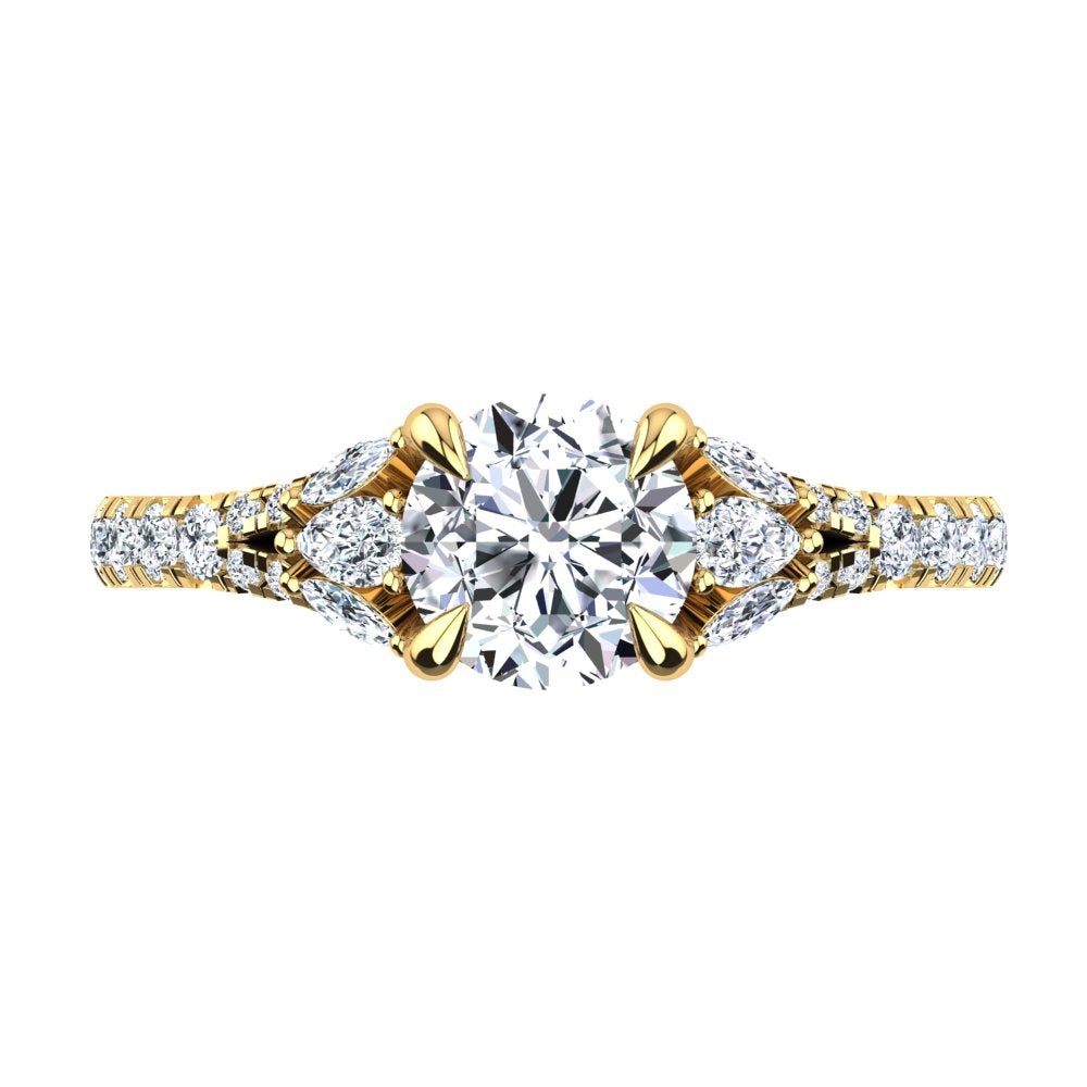 18kt Yellow Gold Solitaire with Split Band and Pear Marquise and RBC Accent Stones