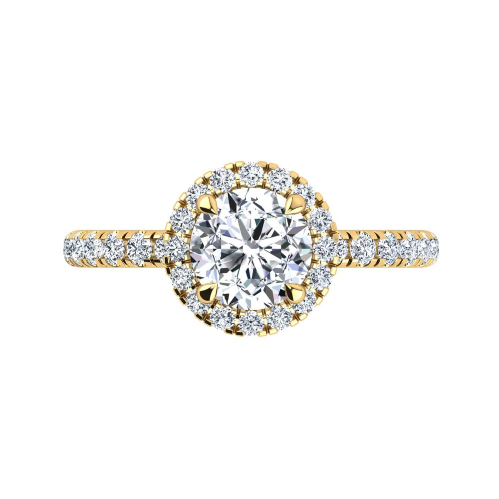 18kt Yellow Gold Solitaire 4 Claw Setting with Raised Halo and Accent Stones
