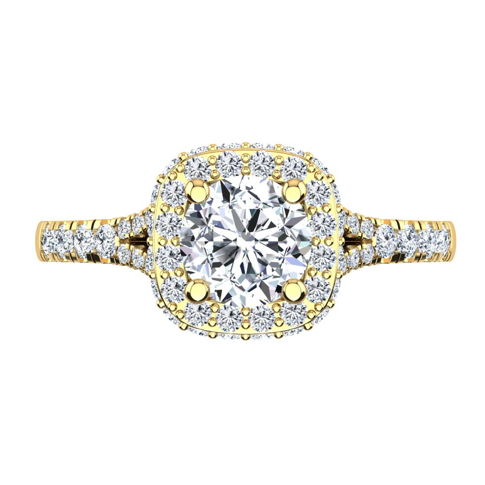 18kt Yellow Gold Solitaire with Double Halo and Accent Diamonds with U Setting