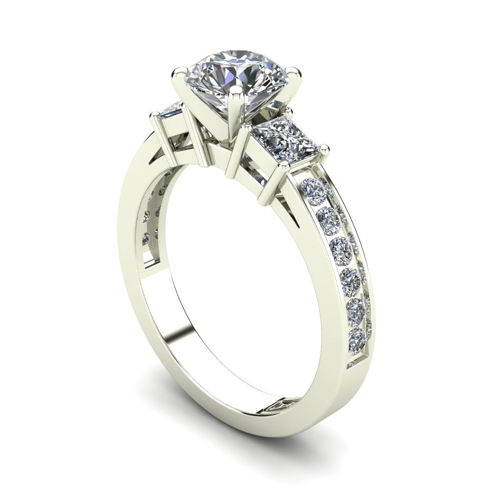 18kt White Gold, Tri-Stone Setting with Bead set Accent Stones