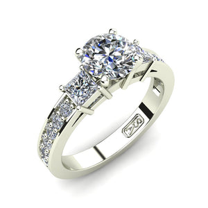 18kt White Gold, Tri-Stone Setting with Bead set Accent Stones