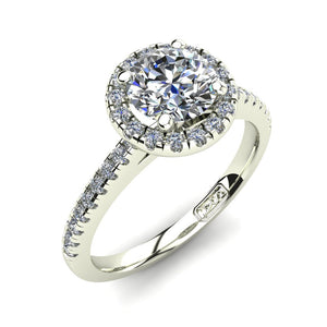 18kt White Gold, Halo Setting with Pavé set Accent Stones