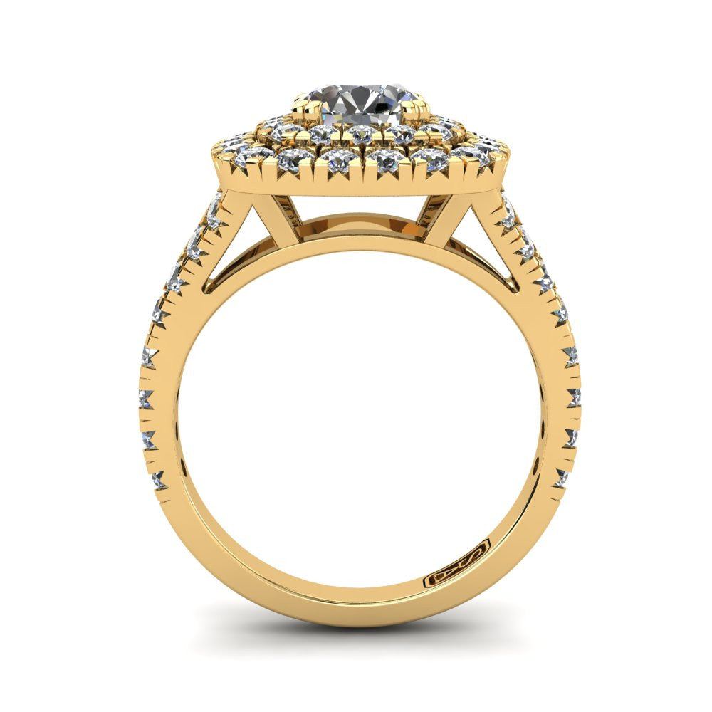 18kt Yellow Gold, Double Halo Setting with Split Accent Stone Band