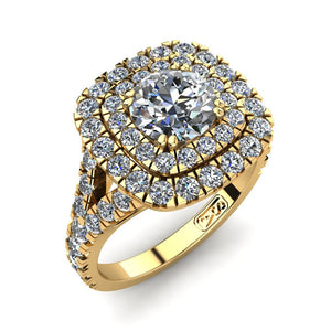 18kt Yellow Gold, Double Halo Setting with Split Accent Stone Band