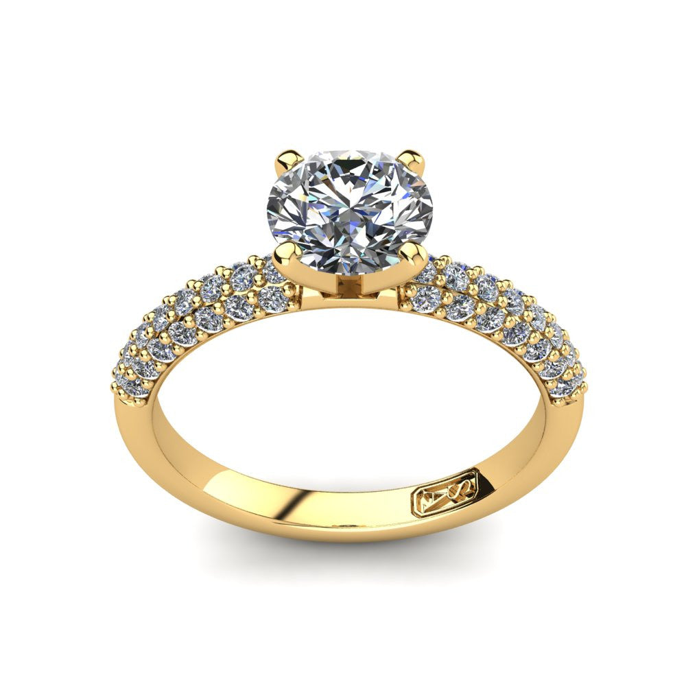 18kt Yellow Gold, Solitaire Setting with 3 Row Pavé set Accent Stones