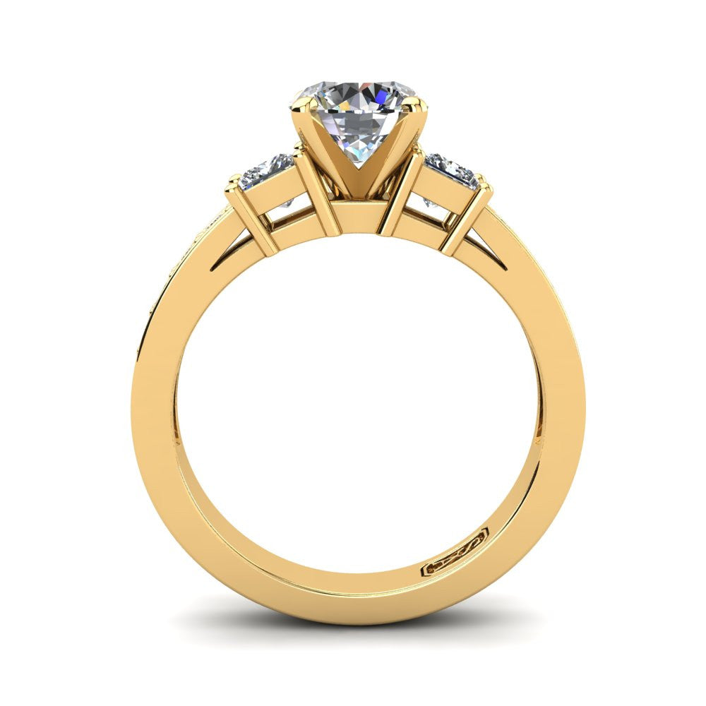 18kt Yellow Gold, Tri-Stone Setting with Bead set Accent Stones
