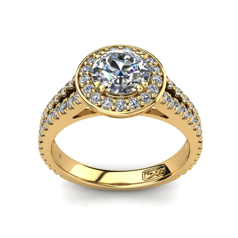 18kt Yellow Gold, Halo Setting with Split Accent Stone Band