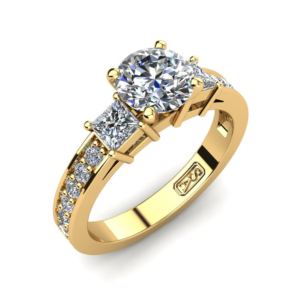 18kt Yellow Gold, Tri-Stone Setting with Bead set Accent Stones