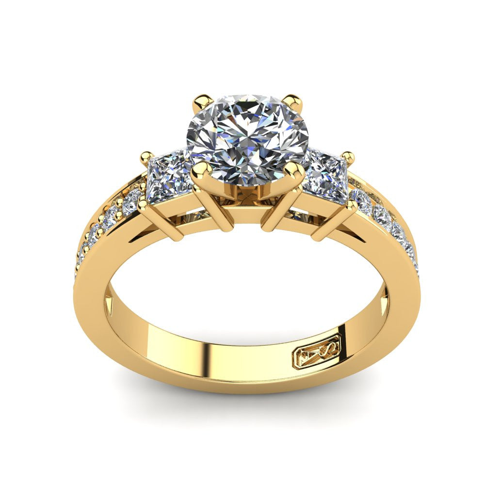 18kt Yellow Gold, Tri-Stone Setting with Bead set Accent Stones