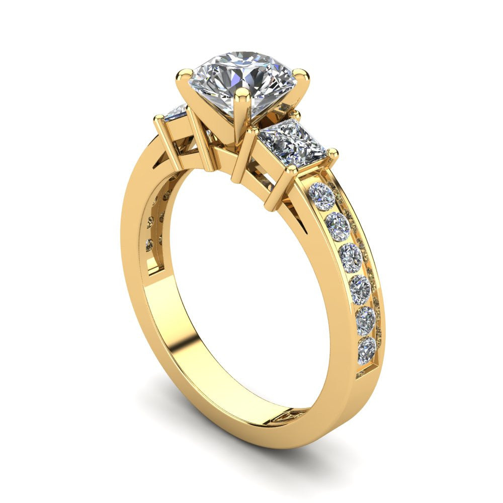 18kt Yellow Gold, Tri-Stone Setting with Bead set Accent Stones