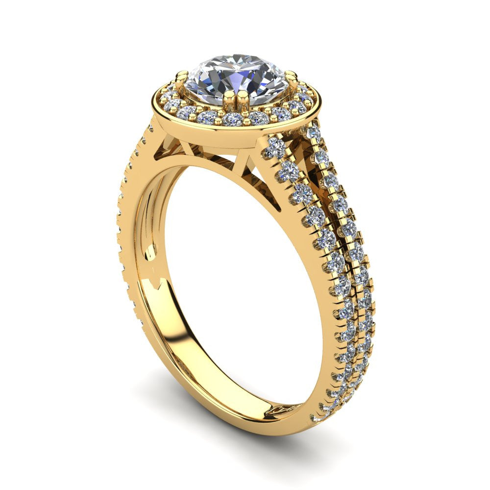 18kt Yellow Gold, Halo Setting with Split Accent Stone Band