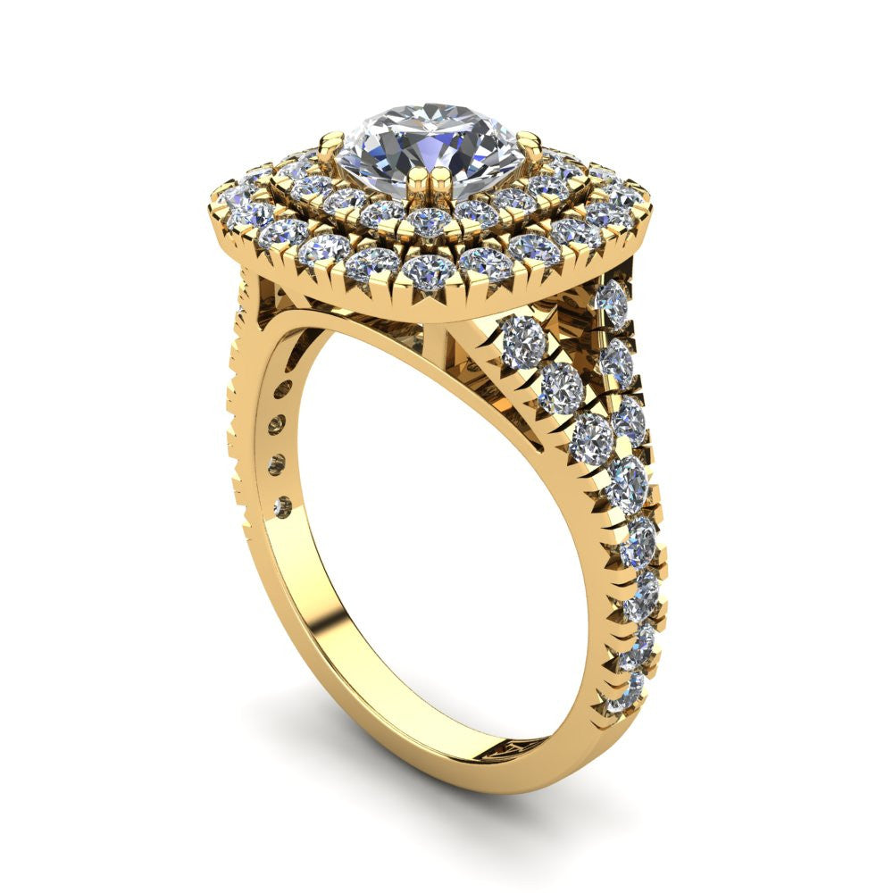 18kt Yellow Gold, Double Halo Setting with Split Accent Stone Band