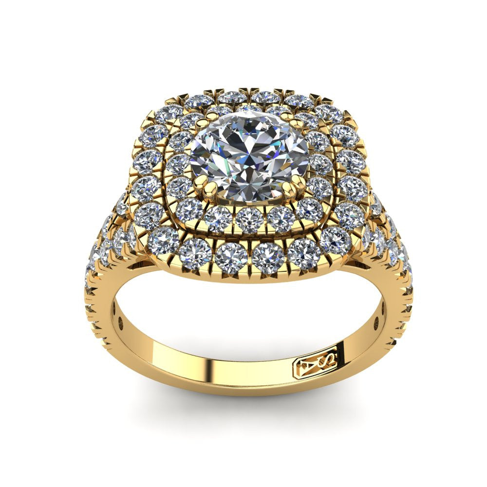 18kt Yellow Gold, Double Halo Setting with Split Accent Stone Band