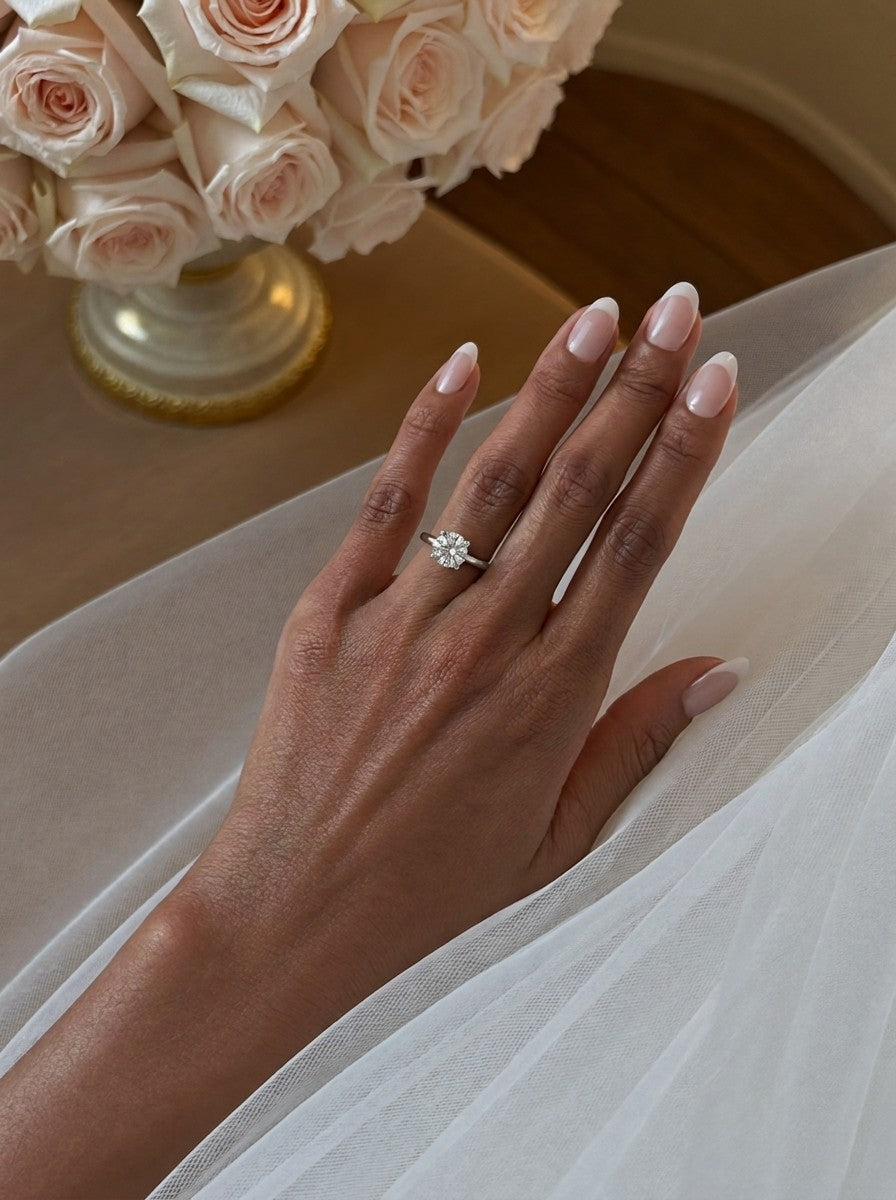 'Grace' Round Brilliant Cut Engagement Ring on the hand, white gold